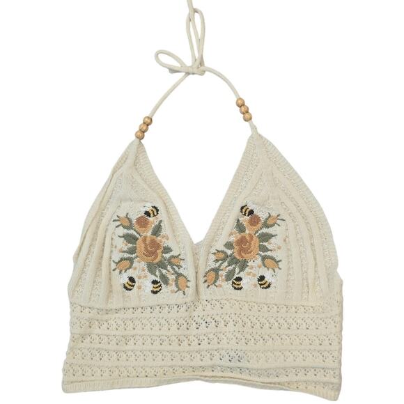 ROMWE Tops - ROMWE Tank Top Womens XL White Crochet Halter Floral Boho Festival Cropped NEW